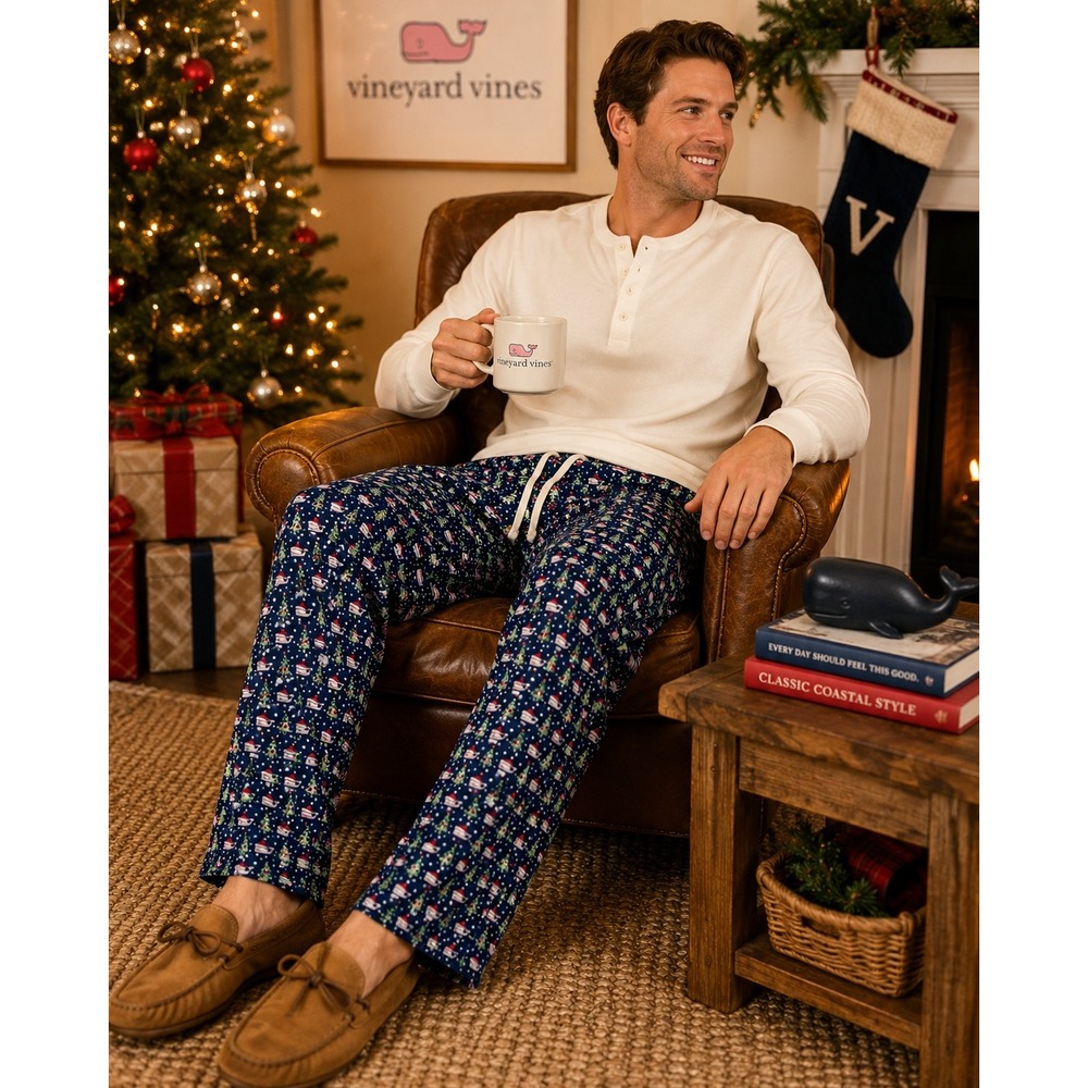 Vineyard Vines Mens Navy Christmas Whale Tree Pajama Lounge Pants Large Holiday